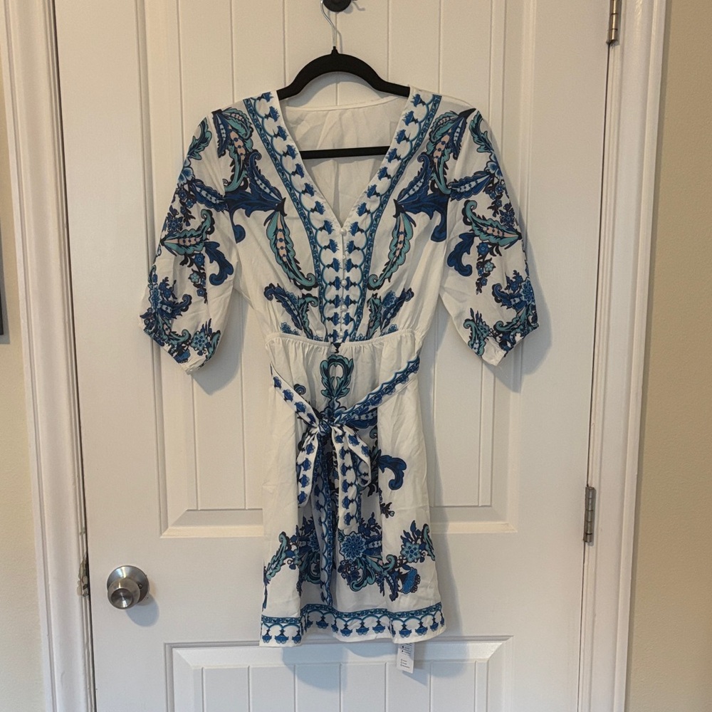 Cupshe White Dress with Blue Embroidery